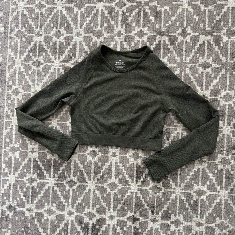 Forest Green Long Sleeve Aoxjox Long Sleeve Workout Seamless Cropped T Shirt Top